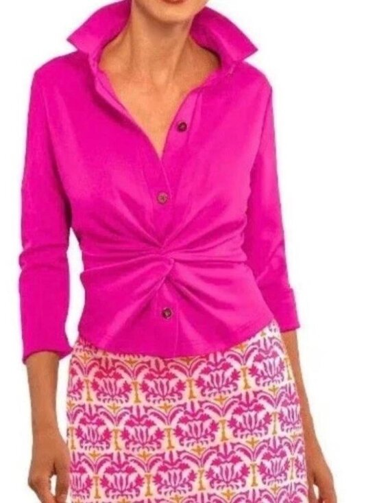 Gretchen Scott Designs Tops - Gretchen Scott Twist & Shout top hot pink stretch jersey button-up blouse ruched